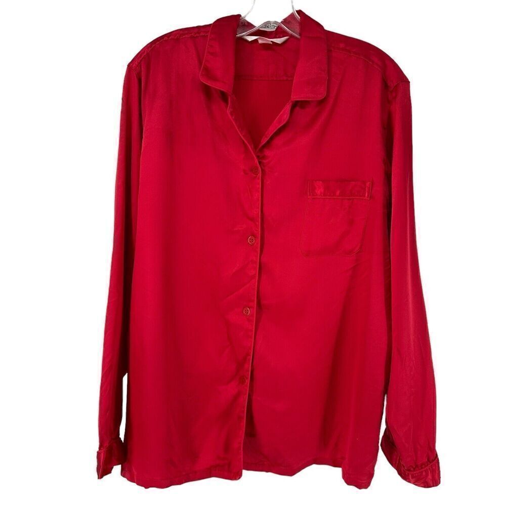 Victorias Secret Angles Pajama Top Satin Solid Red Long Sleeve Button Up Size L